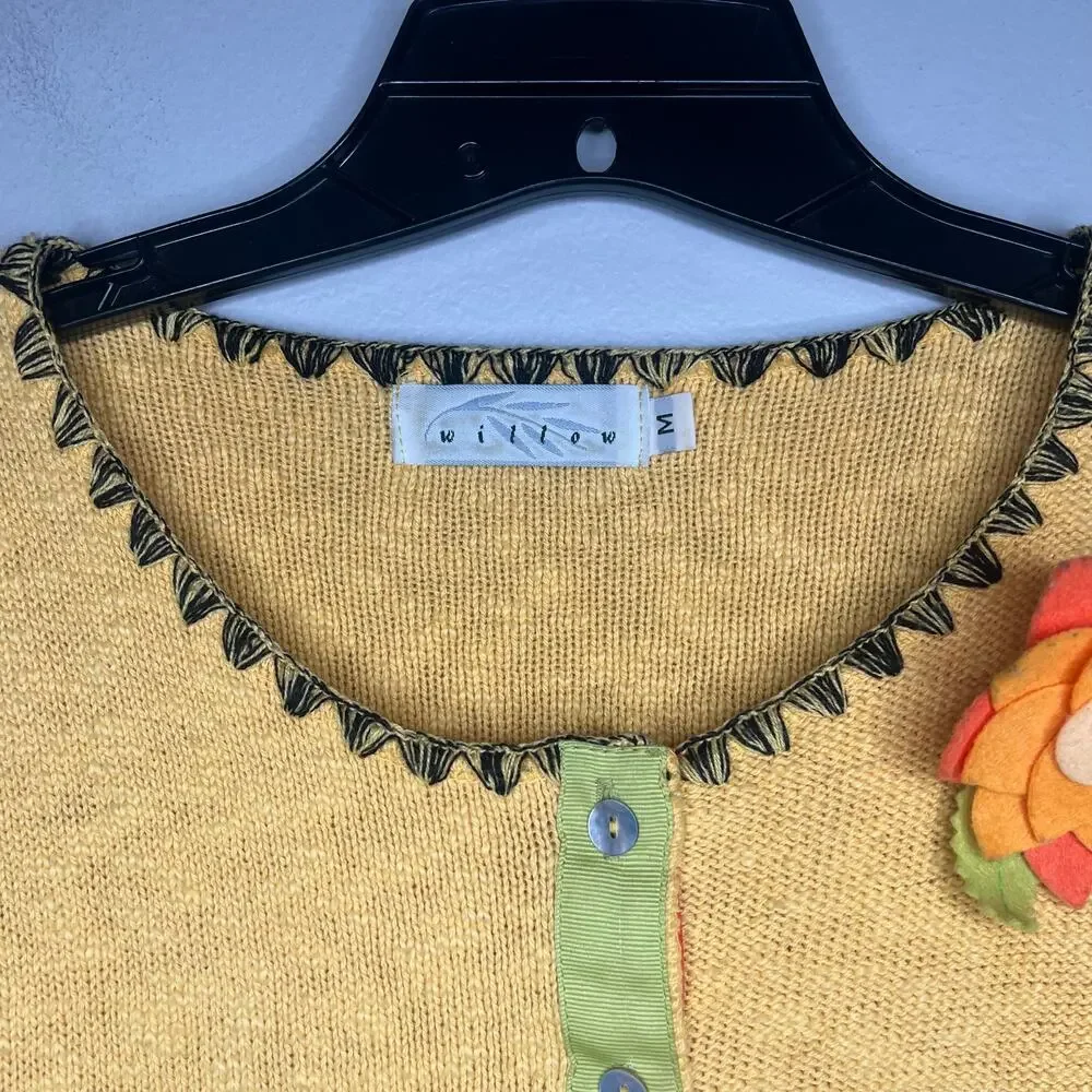 VTG Yellow Knit Button Front Cardigan Sweater Floral Applique Sz M Boho Eclectic